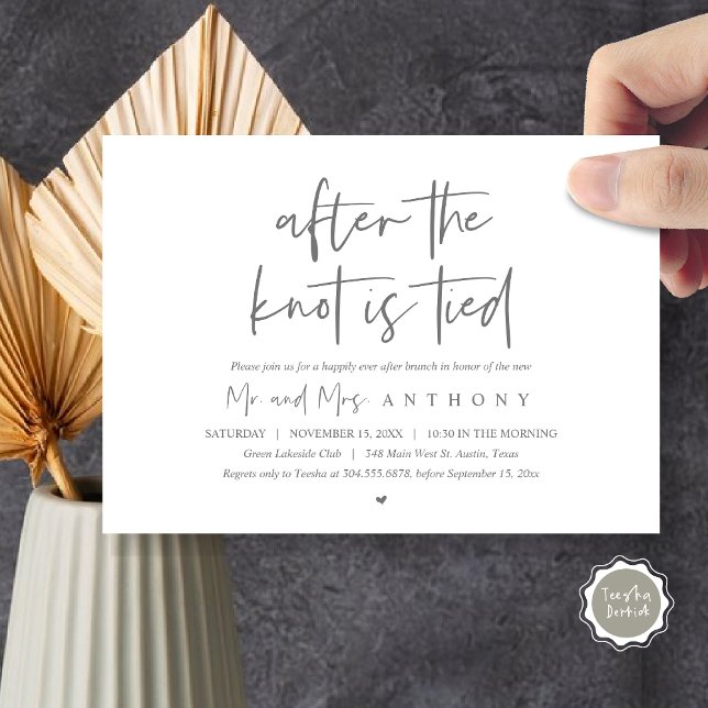 Convite Depois do nó amarrado, feliz para sempre depois do (After The Knot Is Tied, Post Wedding Brunch Invitation Card, PDF, Modern Script, Dark Grey)