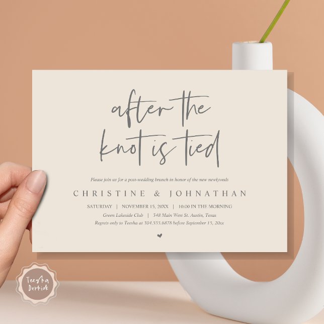 Convite Depois do nó amarrado, Poste o casamento Brunch (After the knot tied, Elopement Post wedding Brunch Invitation Card, PDF, Classy Dark Grey Cream)