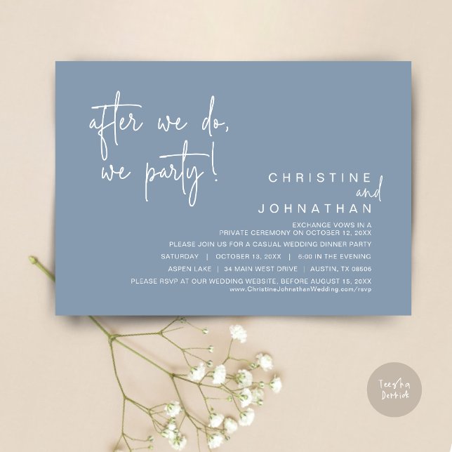 Convite Depois, Festejamos, Jantamos Casamentos, Dusty Blu (After We Do, We Party, Modern Romantic Wedding Dinner Invitation Card, PDF, in Dusty Blue)