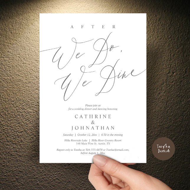 Convite Depois, jantamos, Jantamos de casamento e dançamos (After we do, we dine, Modern Romance Wedding Dinner and Dancing Invitation Card, PDF, in Dark Grey)