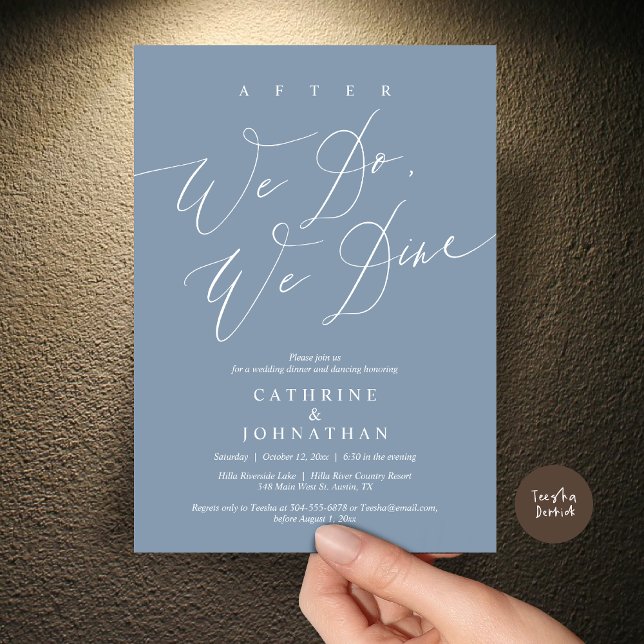 Convite Depois, jantamos, Jantamos de casamento e dançamos (After we do, we dine, Modern Romance Wedding Dinner and Dancing Invitation Card, PDF, in Dusty Blue)