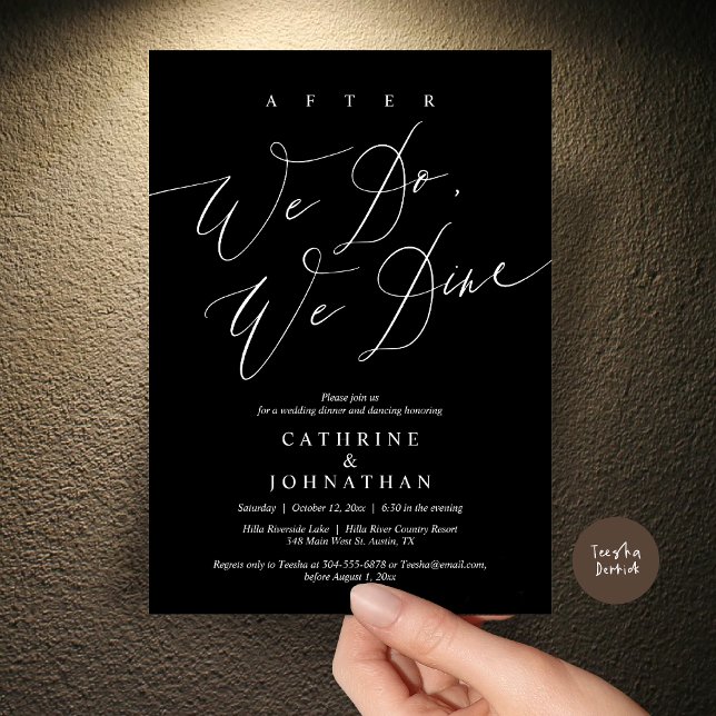 Convite Depois, jantamos, Jantamos de casamento e dançamos (After we do, we dine, Modern Romance Wedding Dinner and Dancing Invitation Card, PDF, in Black)