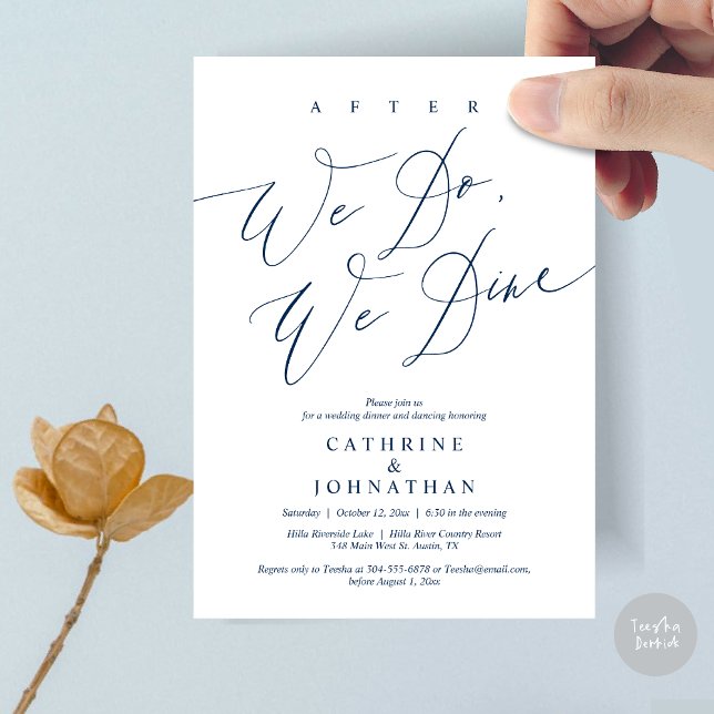 Convite Depois, jantamos, Jantamos de casamento e dançamos (After we do, we dine, Modern Romance Wedding Dinner and Dancing Invitation Card, PDF, in Navy Blue)
