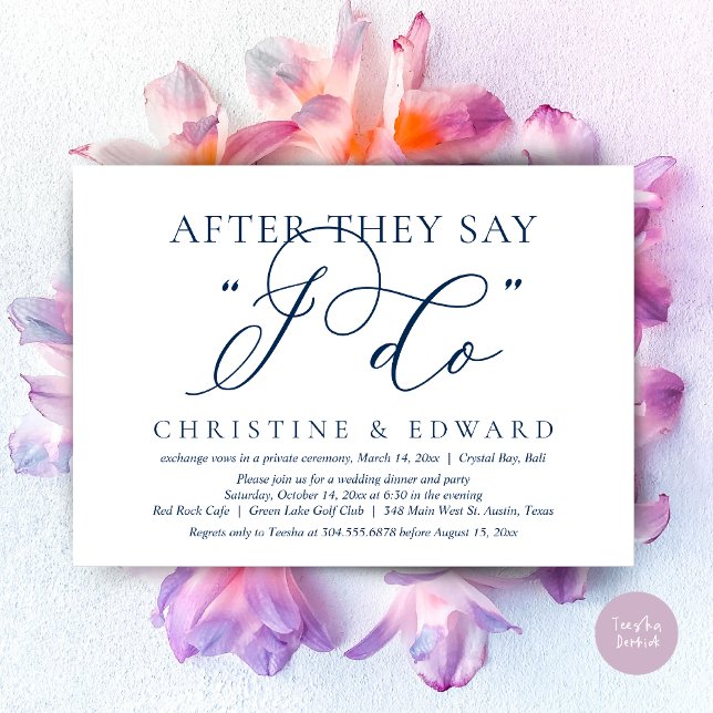 Convite Depois Que Dizem Que Faço, Janto De Elopemento De  (After They Say I Do, Wedding Elopement Dinner Invitation Card, PDF, Romantic, in Navy Blue)