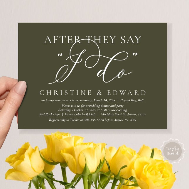 Convite Depois Que Dizem Que Faço, Janto De Elopemento De  (After They Say I Do, Wedding Elopement Dinner Invitation Card, PDF, Romantic, in Olive Green)
