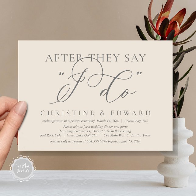 Convite Depois Que Dizem Que Faço, Janto De Elopemento De  (After They Say I Do, Wedding Elopement Dinner Invitation Card, PDF, Romantic, in Dark Grey Cream)