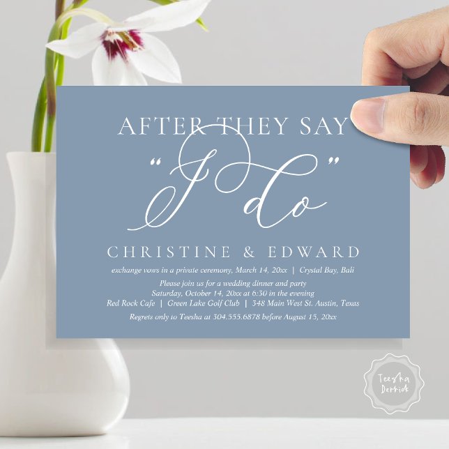 Convite Depois Que Dizem Que Faço, Janto De Elopemento De  (After They Say I Do, Wedding Elopement Dinner Invitation Card, PDF, Romantic, in Dusty Blue)