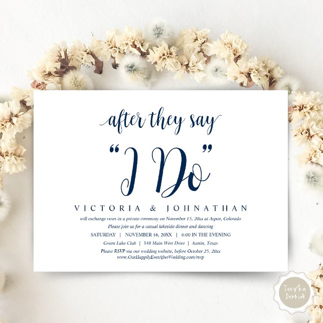 Convite Depois Que Dizem Que Faço, Janto De Elopemento De  (After They Say I DO, Wedding Elopement Dinner Invitation Card, PDF, Modern Rustic, in Navy Blue)