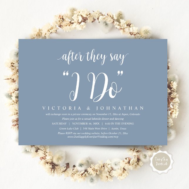 Convite Depois Que Dizem Que Faço, Janto De Elopemento De  (After They Say I DO, Wedding Elopement Dinner Invitation Card, PDF, Modern Rustic, in Dusty Blue)