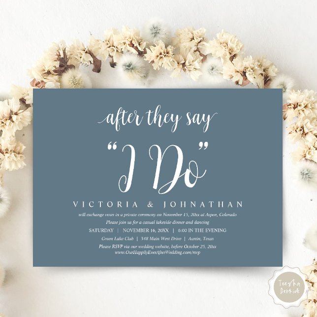 Convite Depois Que Dizem Que Faço, Janto De Elopemento De  (After They Say I DO, Wedding Elopement Dinner Invitation Card, PDF, Modern Rustic, Dark Dusty Blue)