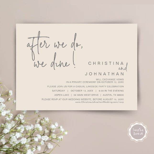 Convite Depois Que O Fazemos, Jantamos, Janto De Elopement (After We Do, We Dine, Wedding Elopement Dinner Invitation Card, PDF, Handwriting, Dark Grey Cream)