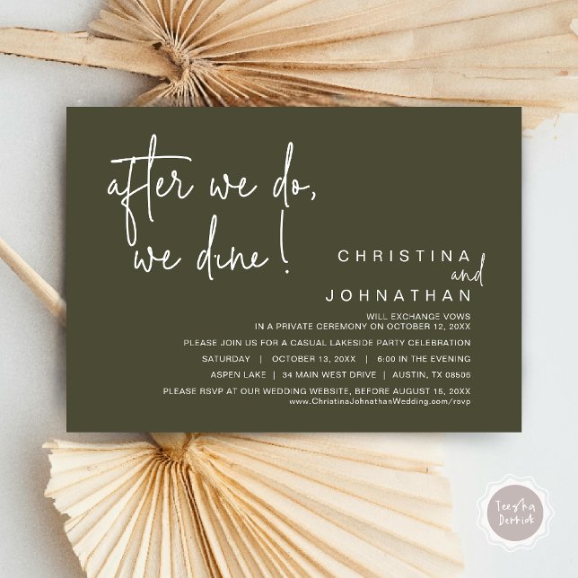 Convite Depois Que O Fazemos, Jantamos, Janto De Elopement (After We Do, We Dine, Wedding Elopement Dinner Invitation Card, PDF, Handwriting, Olive Green)
