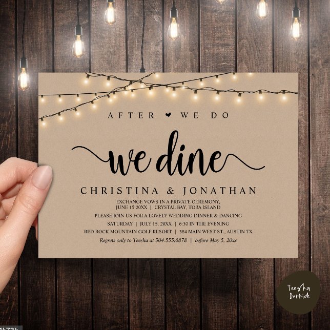 Convite Depois Que O Fazermos, Jorramos, Janto Russo De Ca (After We Do, We Dine, Rustic Wedding Dinner Invitation Card, PDF, String Lights Brown Kraft)