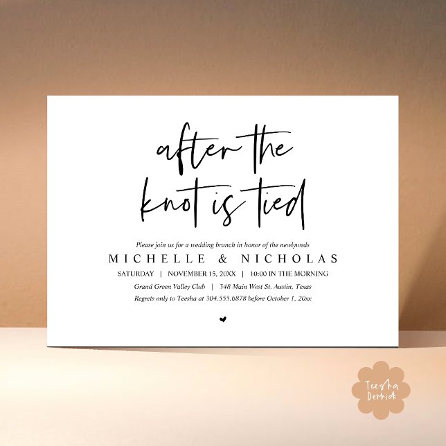 Convite Depois que o nó estiver amarrado, Poste moderno Ca (After the knot is tied, Modern Casual Post Wedding Brunch Party Dinner Invites Card PDF Black White)