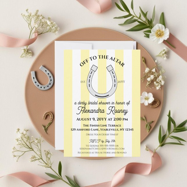 Convite Derby Bridal Shower Yellow Cabana Stripe Horseshoe (Off to the altar derby wedding shower invitation with butter yellow cabana stripes.)