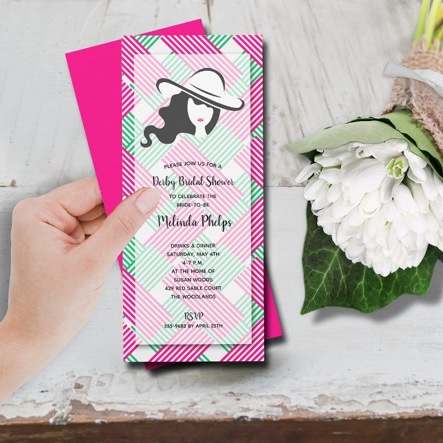 Convite Derby Chá de panela Rosa Quente (Derby hat bridal shower hot pink and green diagonal stripes invitations)