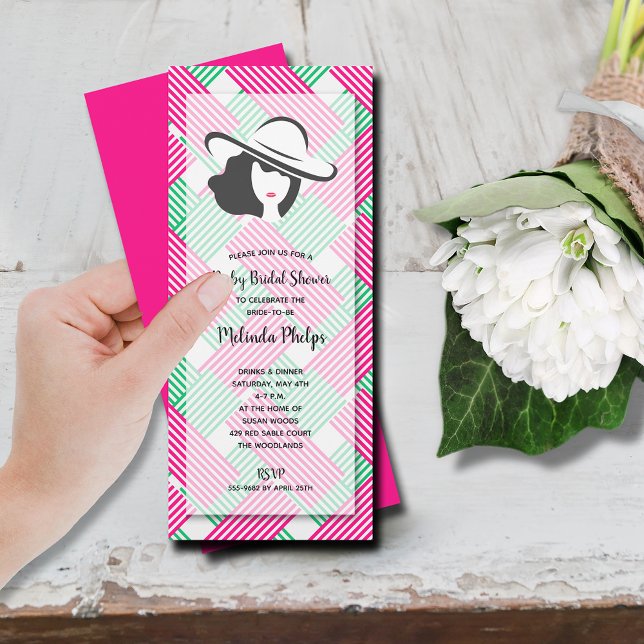 Convite Derby Chá de panela Rosa Quente (Derby-themed bridal shower hot pink and green stripes invitations, INSTANT DOWNLOAD and/or PRINTED)