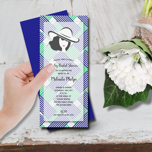 Convite Derby Hat Chá de panela Azul Verde (Derby-themed bridal shower blue, green & white stripes invitations, INSTANT DOWNLOAD and/or PRINTED)