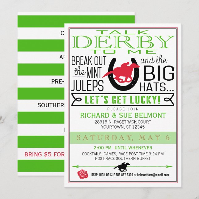 Convite Derby Horse Racing Party Black/Red/Kelly (Frente/Verso)