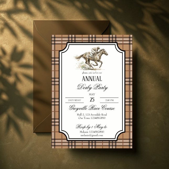 Convite Derby horse racing party elegant gingham (Derby horse racing party elegant brown gingham invitation cards template equestrian party invites)