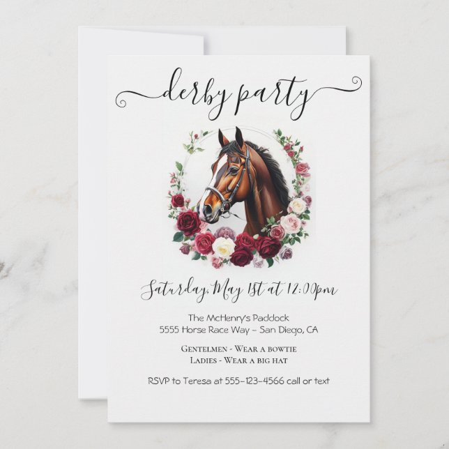 Convite  Derby Party Invitation Card with Floral (Frente)
