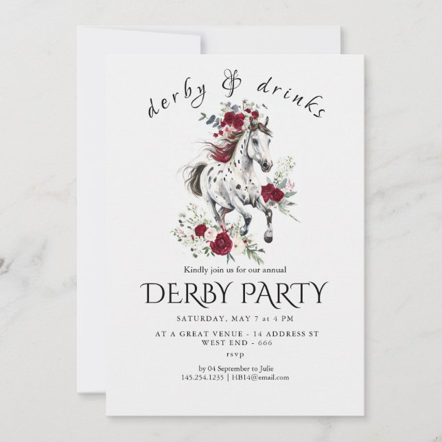 Convite Derby Party Invitation – Floral Horse Head with Ro (Frente)
