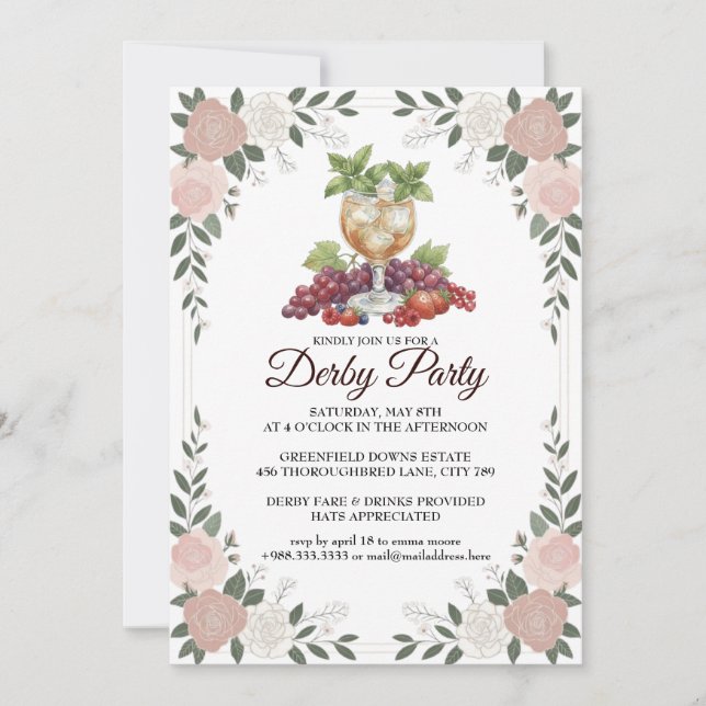 Convite Derby Party Invitation Floral Mint Julep Design (Frente)