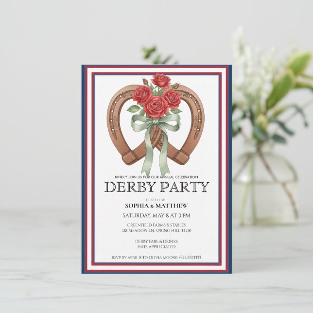 Convite Derby Party Invitation Horseshoe Floral Wall Art (Em pé/Frente)