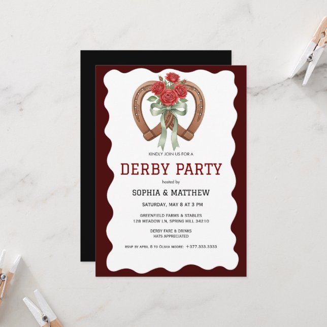 Convite Derby Party Invitation Rustic Horseshoe Roses (Frente/Verso In Situ)