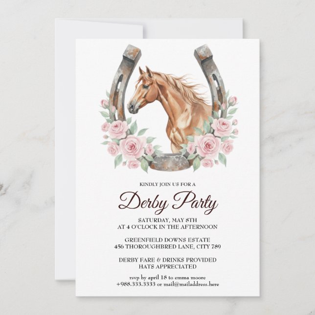 Convite Derby Party Invitation with Horse & Floral Art (Frente)
