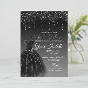 Convite Derramamento de brilho preto Doce Dezesseis Aniver