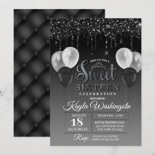 Convite Derramamento de brilho preto Doce Dezesseis Aniver
