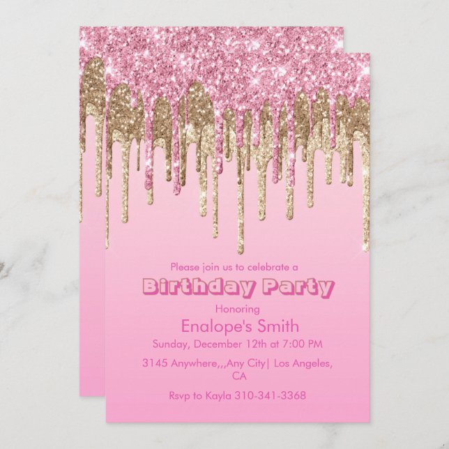 Convite Derramamento de brilho rosa e Dourado no aniversár (Frente/Verso)