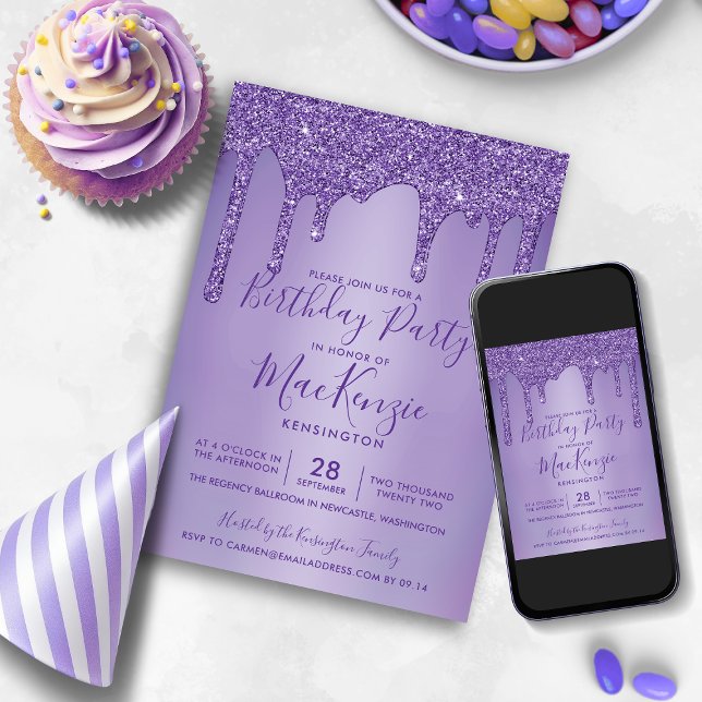 Convite Derramamento de brilho roxo a cada ano (Purple Sparkle Glitter Drips Any Year Birthday Invitation)