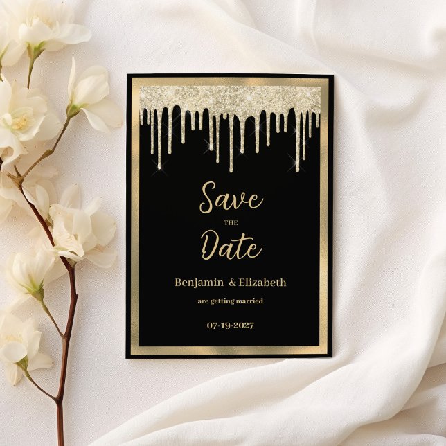 Convite Derramamento de ouro preto legante Salve a data (Elegant black gold glitter drips Save the Date)