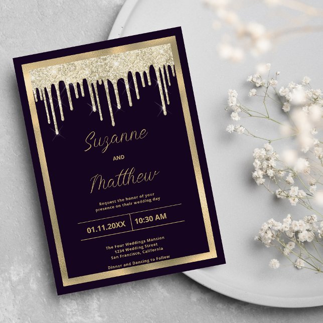 Convite Derramamento do luxo de ouro roxo escuro (Dark purple gold luxury glitter drips Wedding )