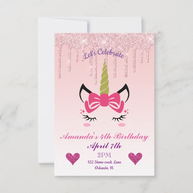 Convite Derramamento rosa de brilho/dia de aniversário de  (Frente)
