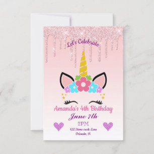 Convite Derramamento rosa de brilho/dia de aniversário de