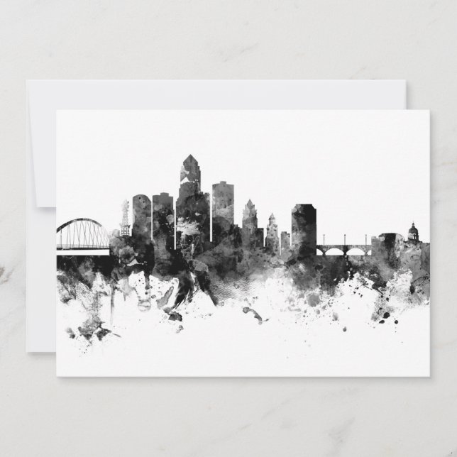 Convite Des Moines Iowa Skyline Black White (Frente)