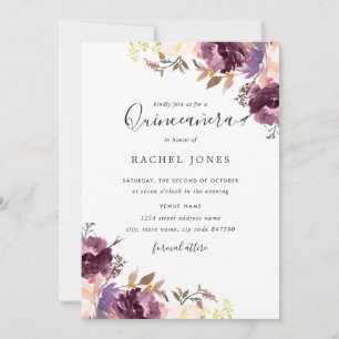 Convite Desabrochar Floral Roxo Aquarela Quinceanera