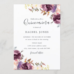 Convite Desabrochar Floral Roxo Aquarela Quinceanera