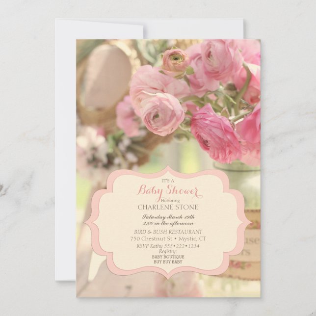 Convite Desbotado Country Chic Flores Rosa Suave (Frente)