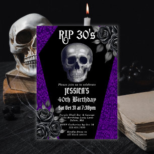 Convite DESCANSE EM PAZ 30 anos Floral Caveira Roxa Aniver