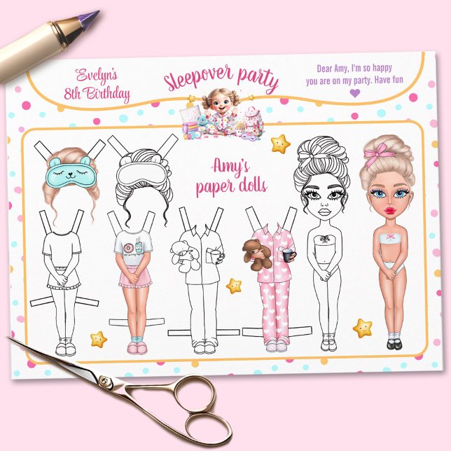 Convite Descanso de papel de boneca de papel de jogo do Sl (Sleepover Slumber Party Game Cutout Paper Doll)