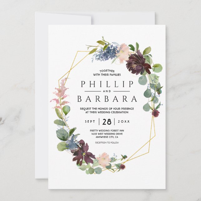 Convite Desejo Bordo Flores Aquarela Azul (Frente)