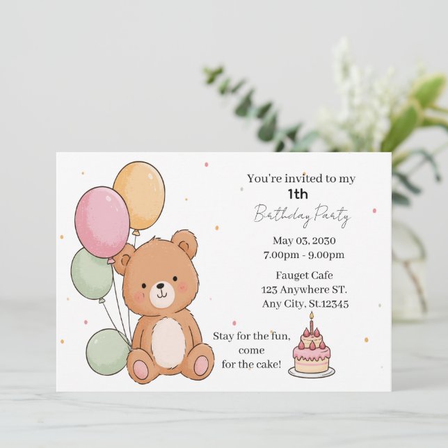 Convite Desejos de Aniversário do Urso Doce (Em pé/Frente)