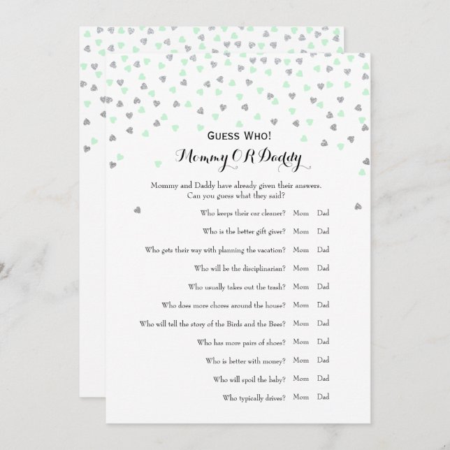 Convite Desejos dos Jogos do Chá de fraldas Mint 2x | Adiv (Frente/Verso)