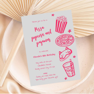 Convite Desenhado à Mão Pizza Pipoca e Pijamas
