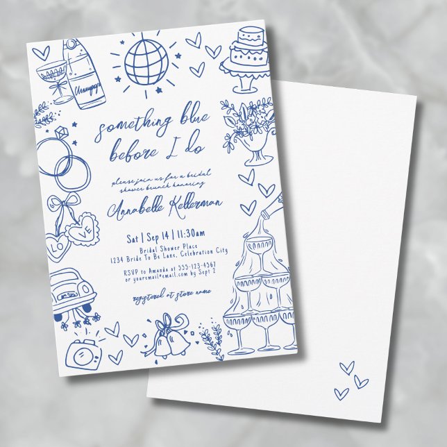 Convite Desenhe Algo Azul Antes do Chá de Noiva (Drawn Something Blue Before I Do Bridal Shower Invitation)