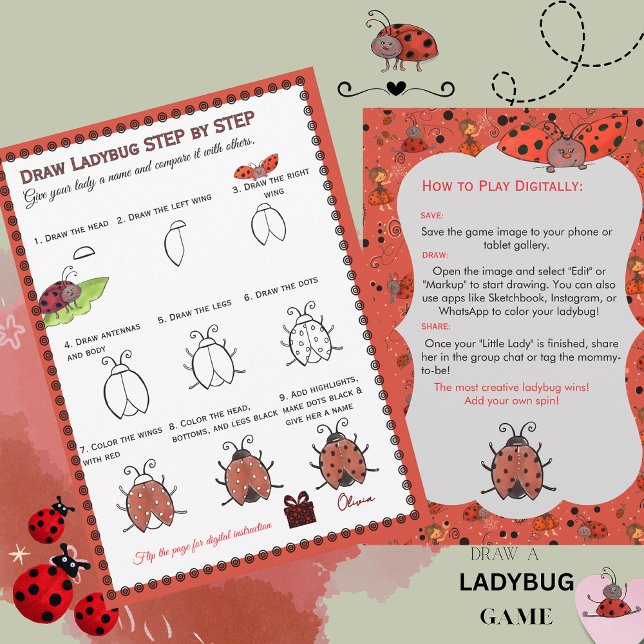 Convite Desenhe um Jogo de Chá de Bebê da Joaninha | Digit (Draw a Ladybug Baby Shower Game  Digital & Print Invitation)